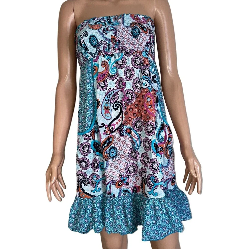 No Boundaries dress sleeveless smocked top large front pockets ruffle hem SZ LG